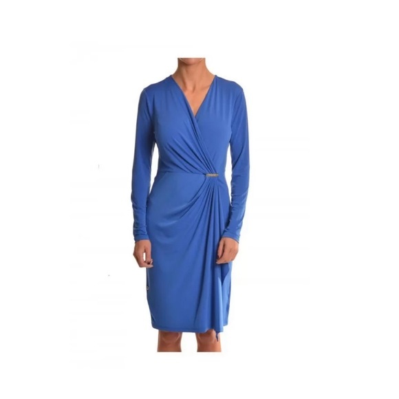Michael Kors Long Sleeve Blue Cascade Wrap Dress - Picture 1 of 8